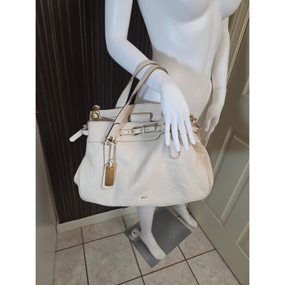 Lauren Ralph Lauren Cream Pebbled Leather Satchel Bag Gold Hardware Handbag